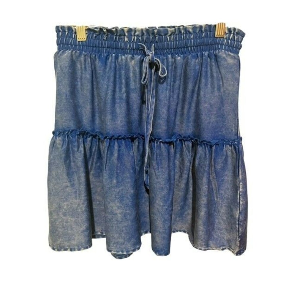 Zenana Womens Skirt Size Medium Blue Acid Mineral Wash Short Elastic Tie Waist